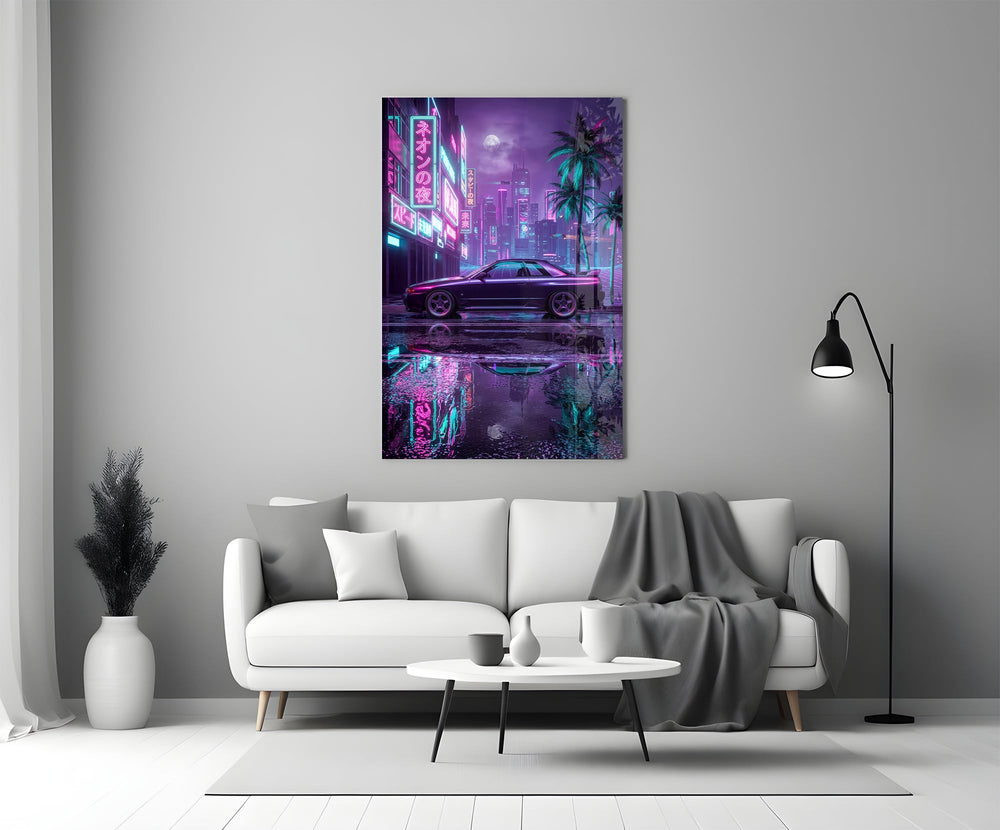 a purple sports coupe on a neon street panel bringing character to a minimalist living room wall
