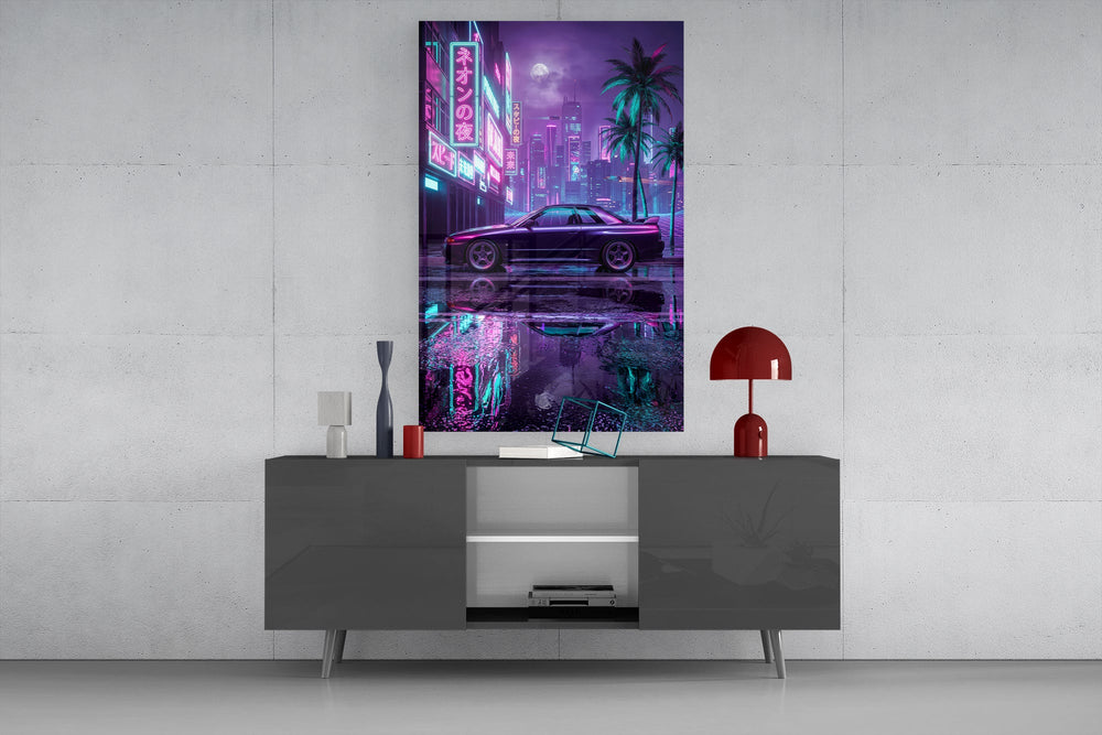 a purple sports coupe on a neon street glass wall art displayed above a console in a designer interior