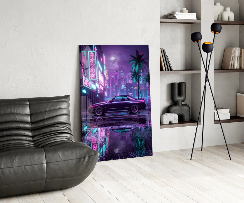 a purple sports coupe on a neon street glass wall art leaning beside a dark leather sofa