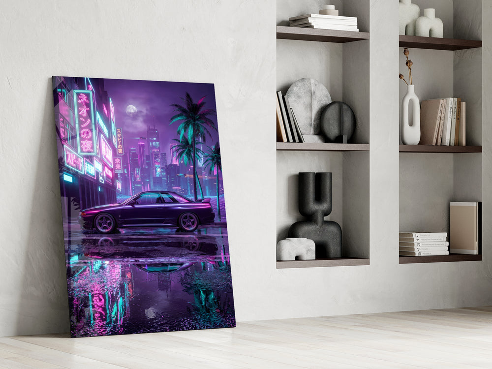 a purple sports coupe on a neon street panel resting in a shelving niche in a modern interior