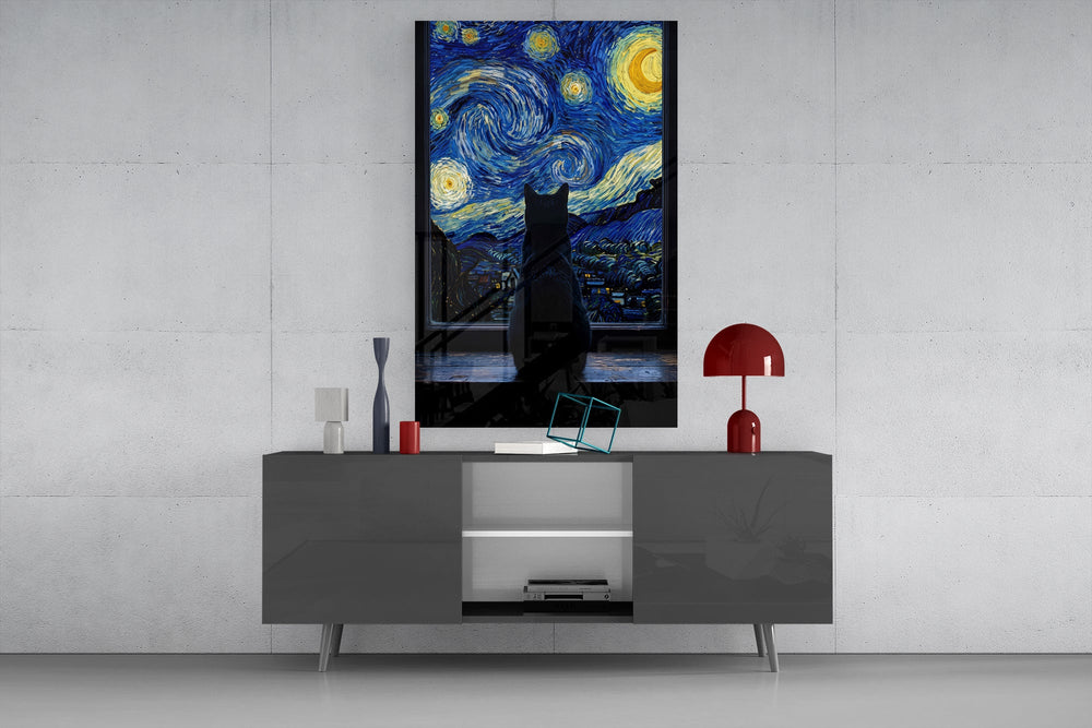 black cat at a starry night window glass wall art displayed above a console in a designer interior