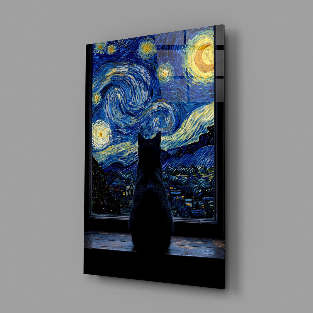 black cat at a starry night window glass wall art angled to show the polished tempered glass panel