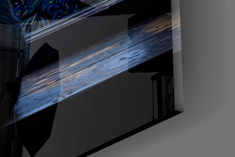 Close-up detail of the swirling cobalt brushwork and the cat's raised ears on the glass surface