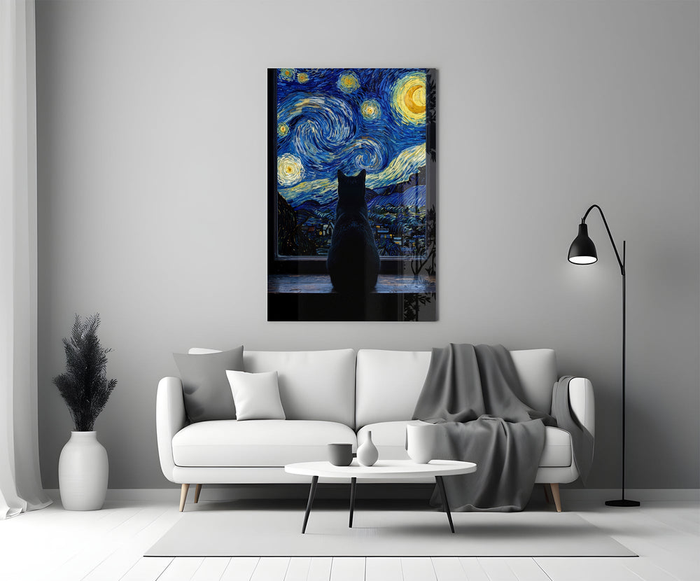 black cat at a starry night window panel bringing character to a minimalist living room wall