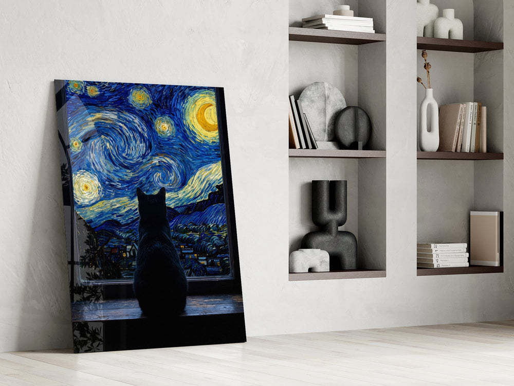 black cat at a starry night window panel resting in a shelving niche in a modern interior