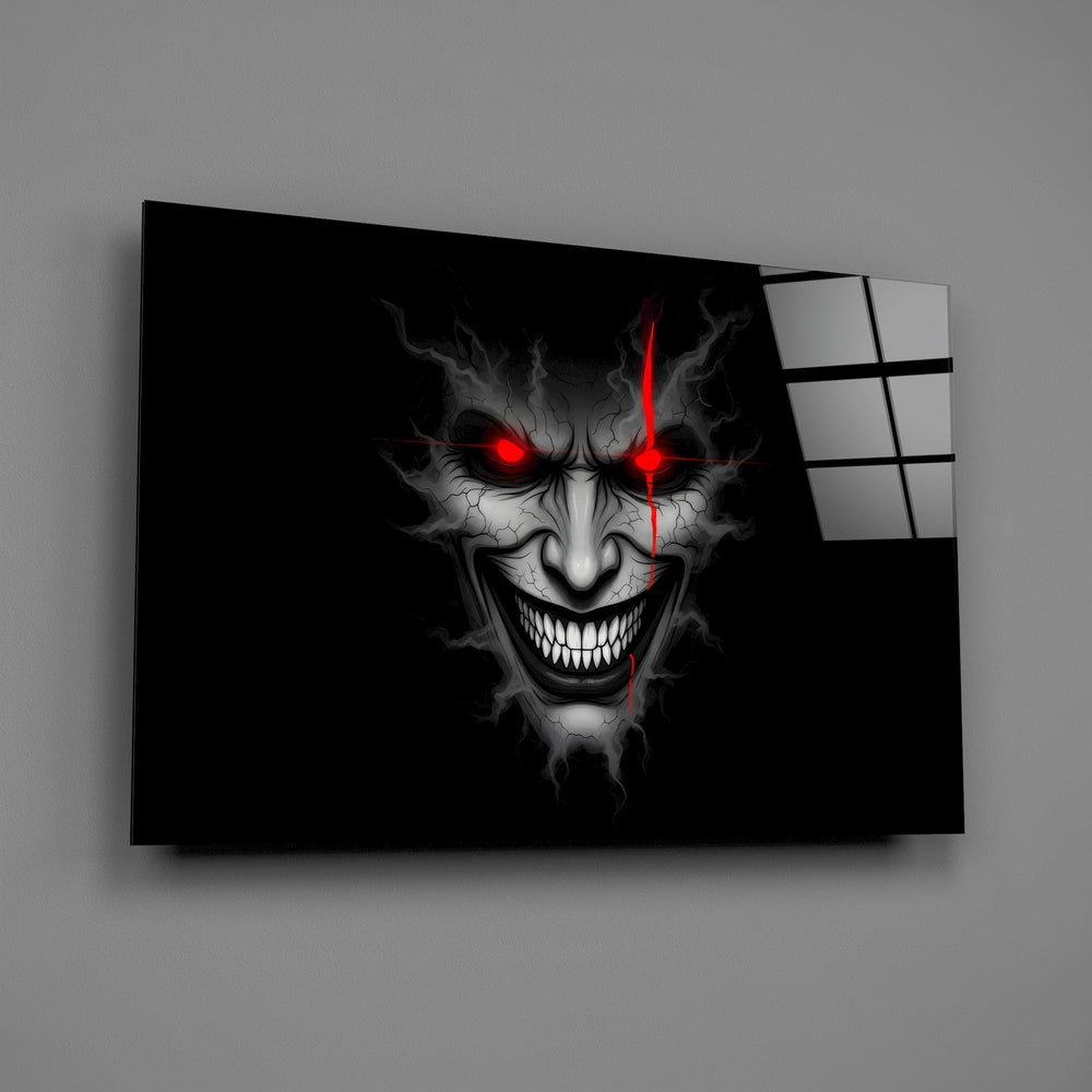 cracked gray grinning demon face glass wall art angled to show the polished tempered glass panel