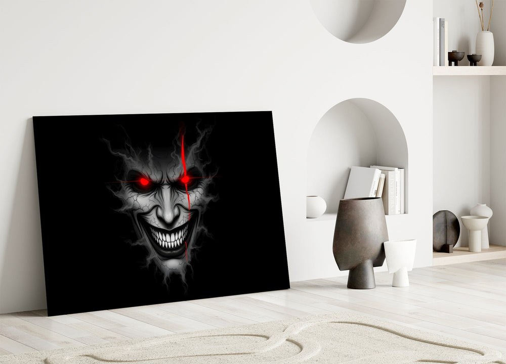 cracked gray grinning demon face panel bringing character to a minimalist living room wall