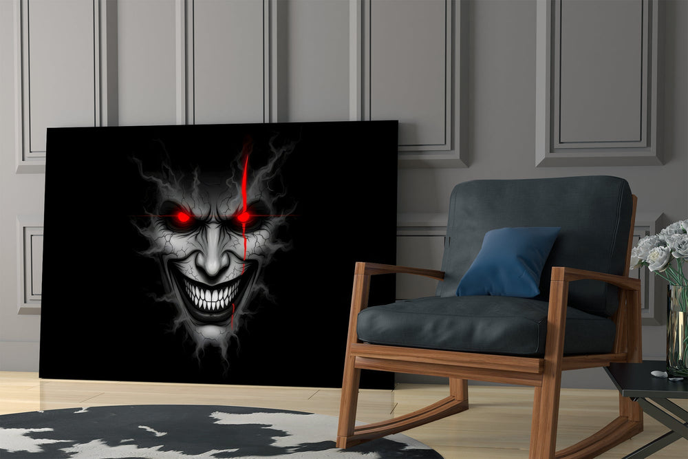 cracked gray grinning demon face panel resting in a shelving niche in a modern interior