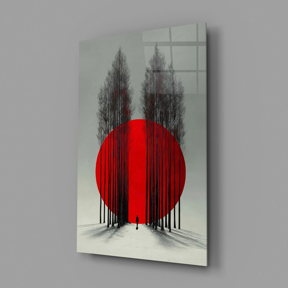 crimson sun behind bare poplars glass wall art angled to show the polished tempered glass panel