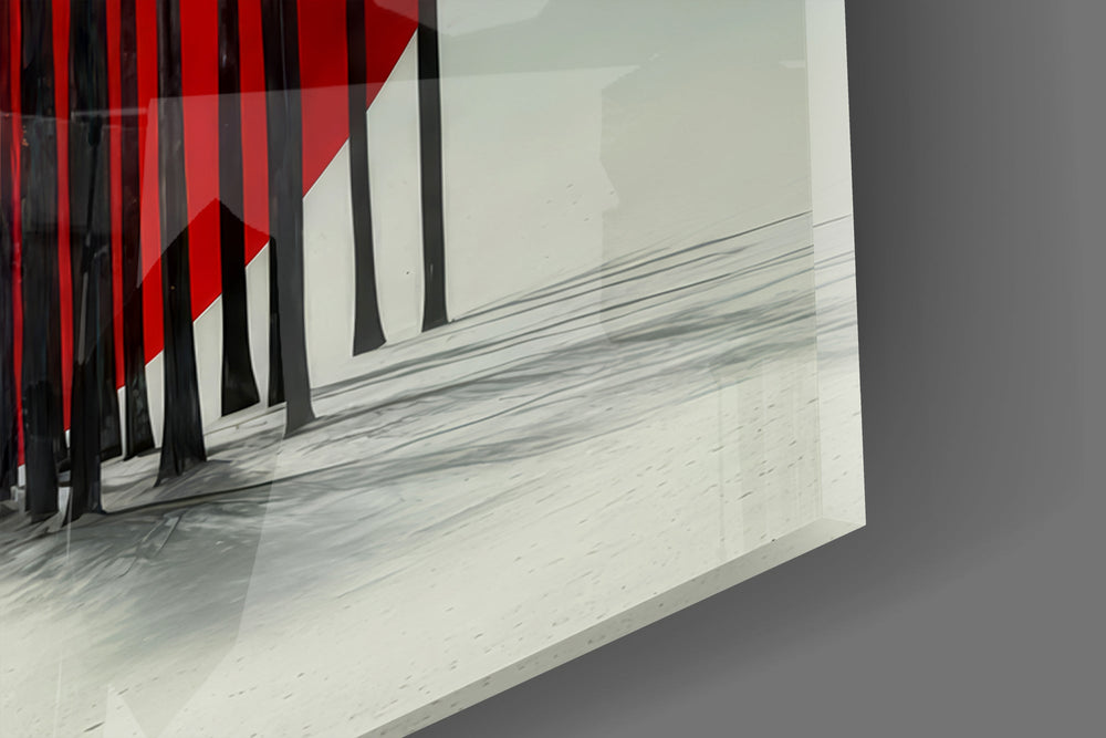 Close-up detail of the thread-thin trunks crossing the red disc on the glass surface