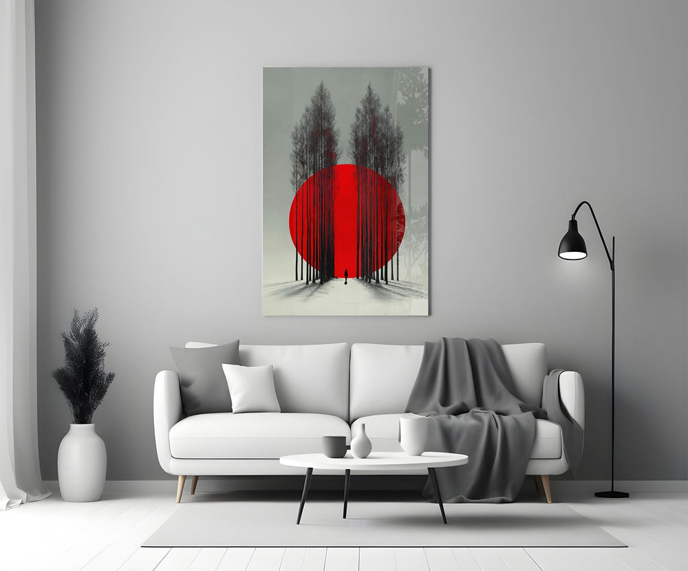 crimson sun behind bare poplars panel bringing character to a minimalist living room wall