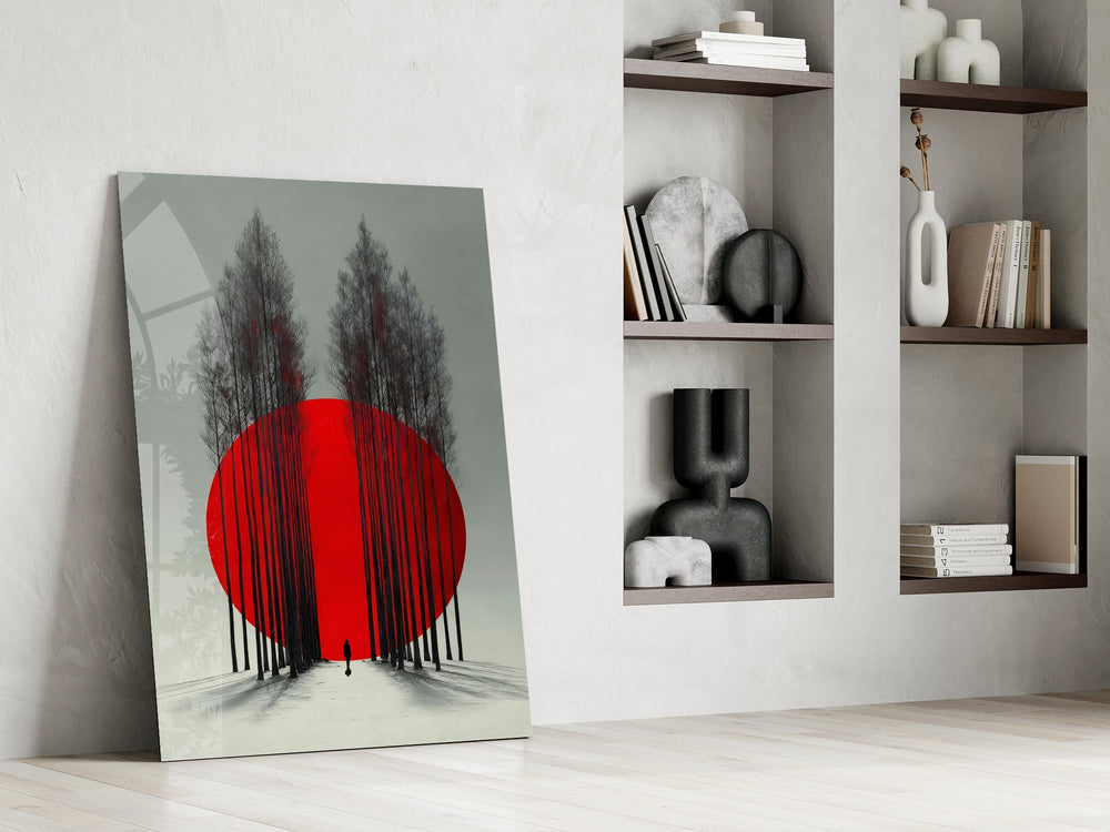 crimson sun behind bare poplars panel resting in a shelving niche in a modern interior