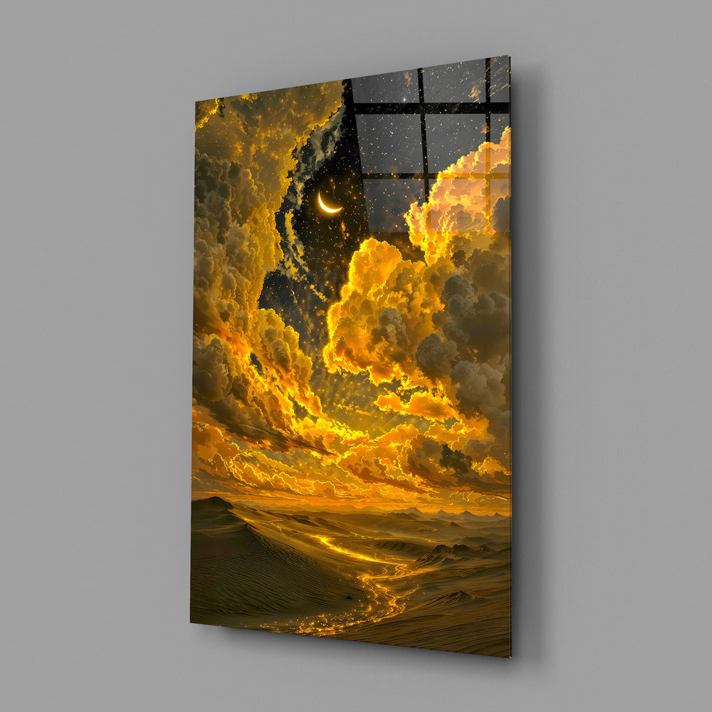 golden clouds and a crescent moon over desert dunes glass wall art angled to show the polished tempered glass panel