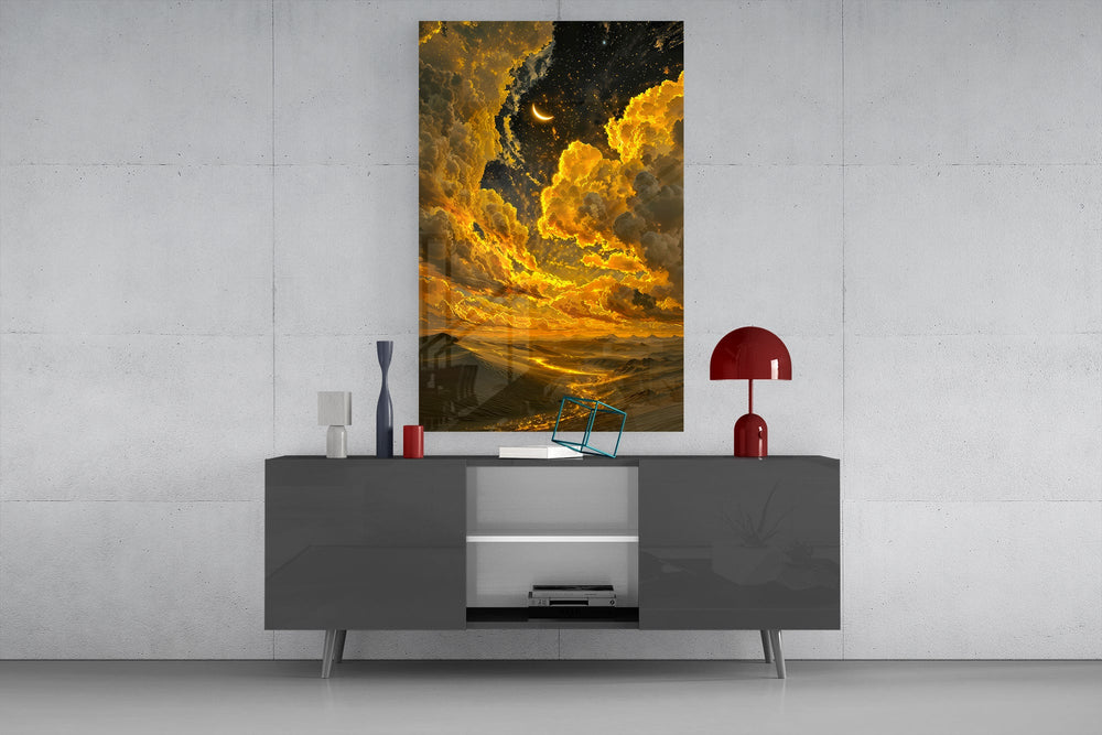 golden clouds and a crescent moon over desert dunes glass wall art displayed above a console in a designer interior