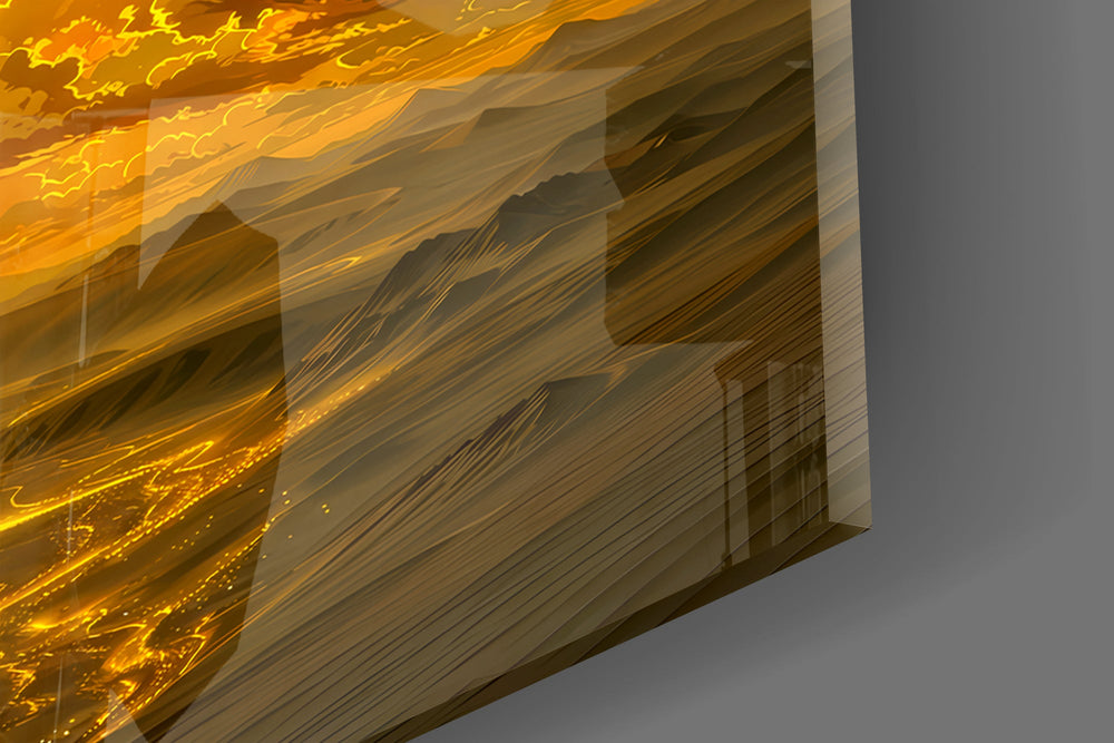 Close-up detail of the glowing river threading between the dunes on the glass surface
