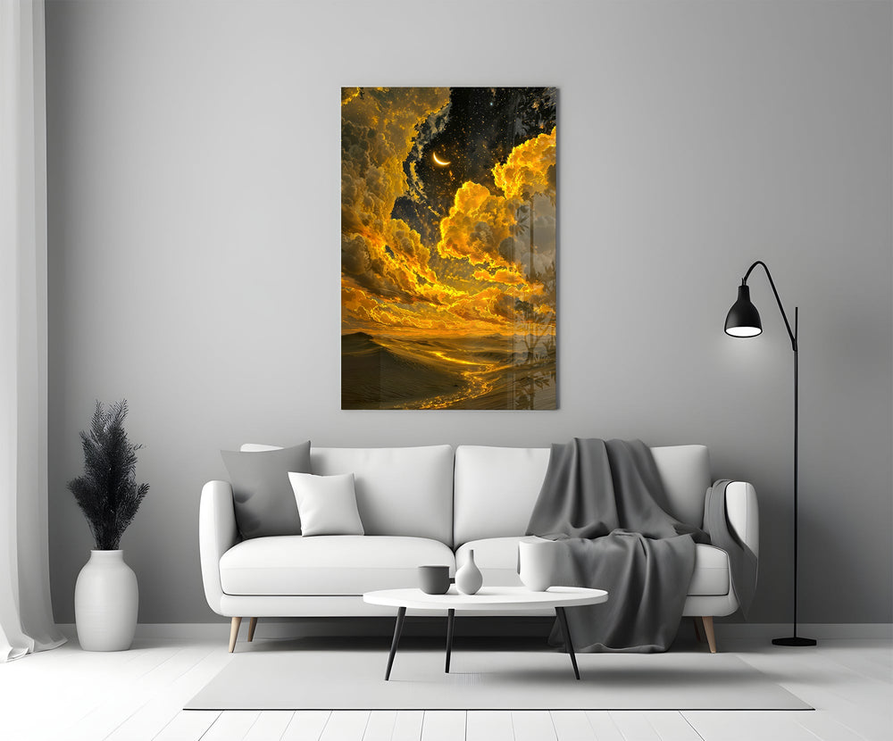 golden clouds and a crescent moon over desert dunes panel bringing character to a minimalist living room wall
