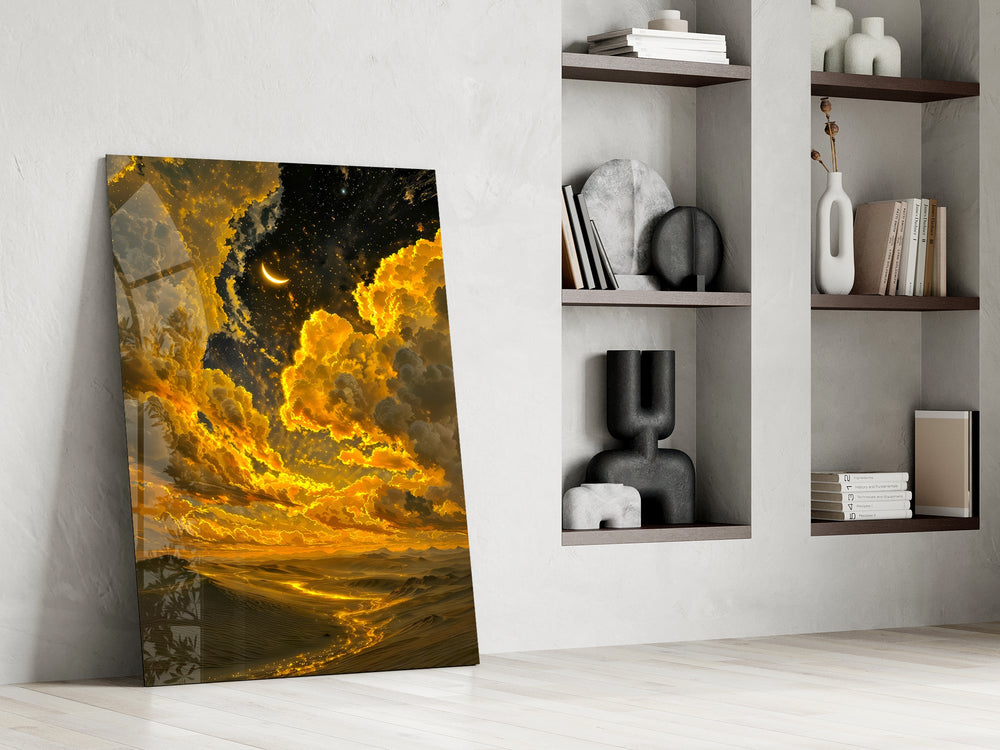 golden clouds and a crescent moon over desert dunes panel resting in a shelving niche in a modern interior
