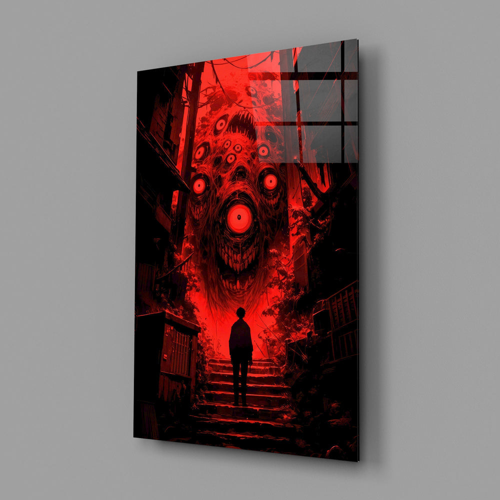 many-eyed monster over a red alley stairway glass wall art angled to show the polished tempered glass panel