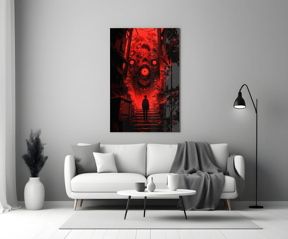 many-eyed monster over a red alley stairway panel bringing character to a minimalist living room wall