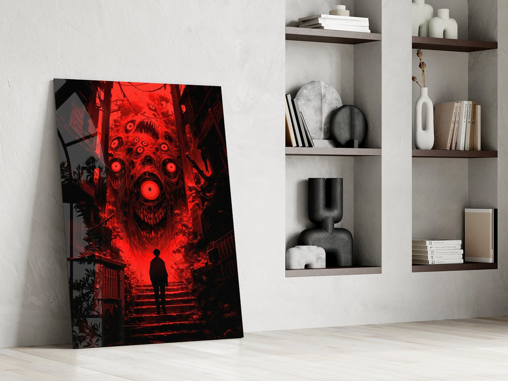 many-eyed monster over a red alley stairway panel resting in a shelving niche in a modern interior