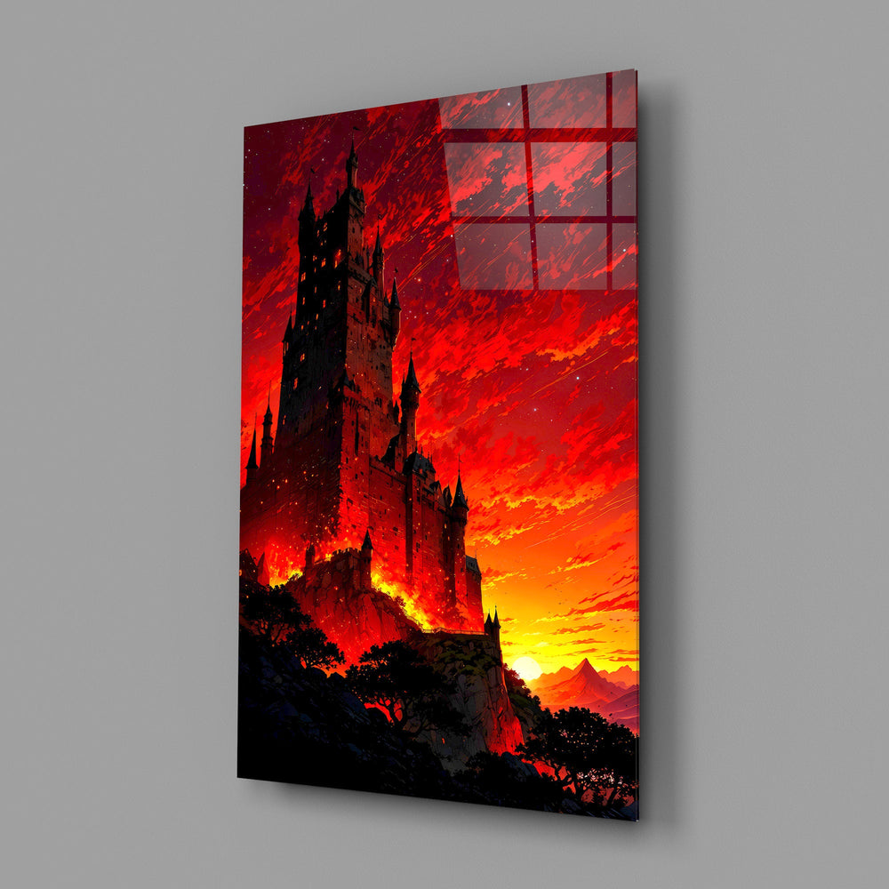 gothic castle under a crimson sunset glass wall art angled to show the polished tempered glass panel