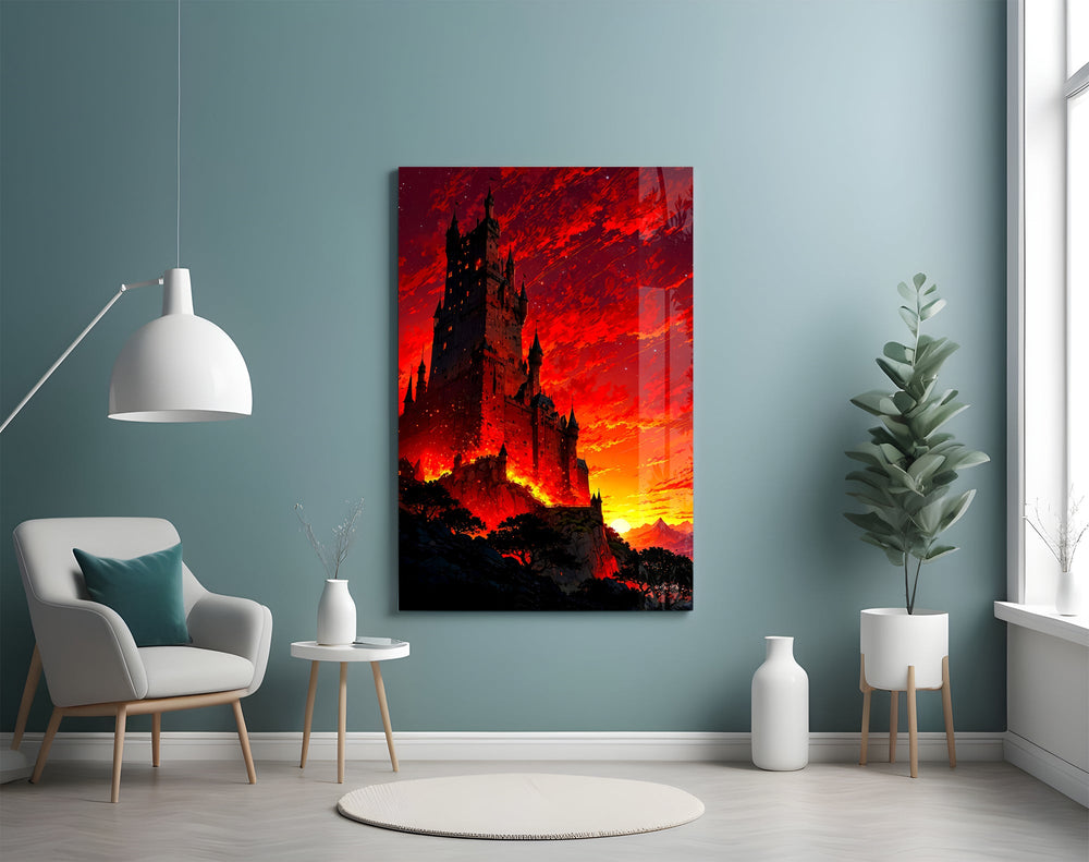 gothic castle under a crimson sunset glass wall art styled above an armchair in a reading corner