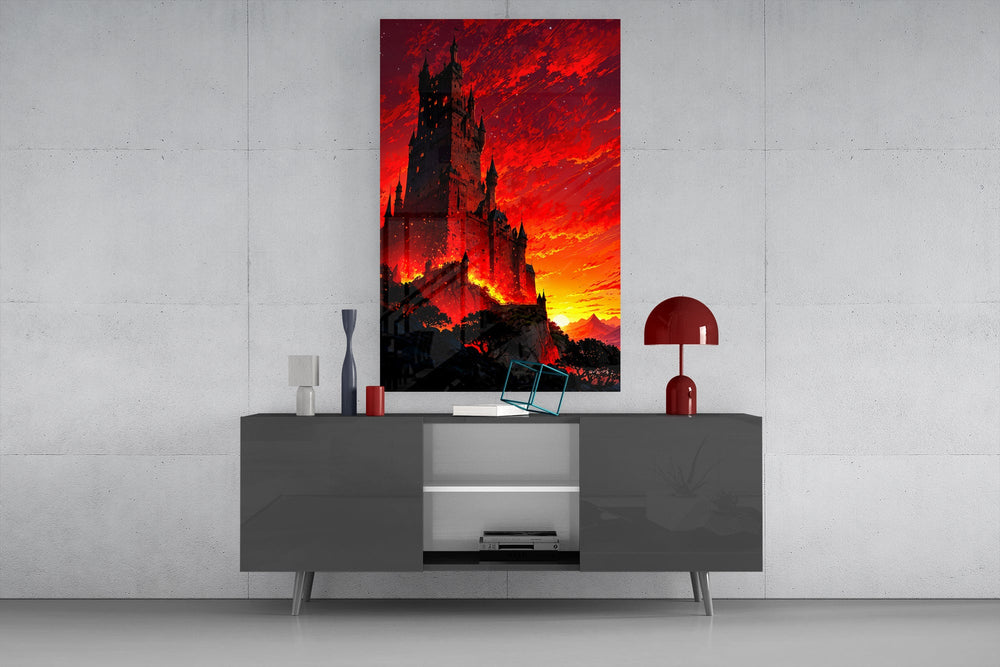 gothic castle under a crimson sunset glass wall art displayed above a console in a designer interior