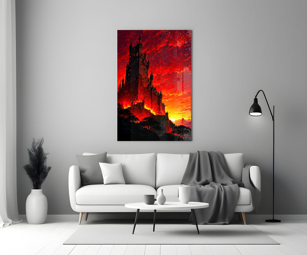 gothic castle under a crimson sunset panel bringing character to a minimalist living room wall