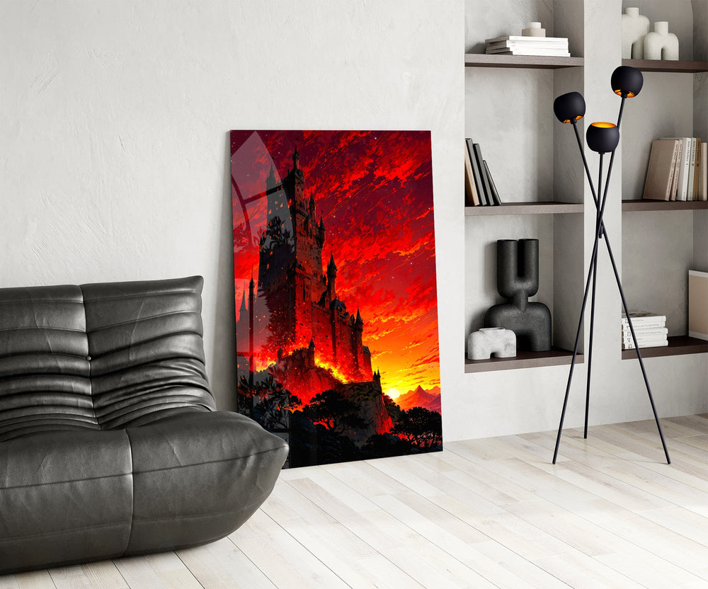 gothic castle under a crimson sunset glass wall art leaning beside a dark leather sofa