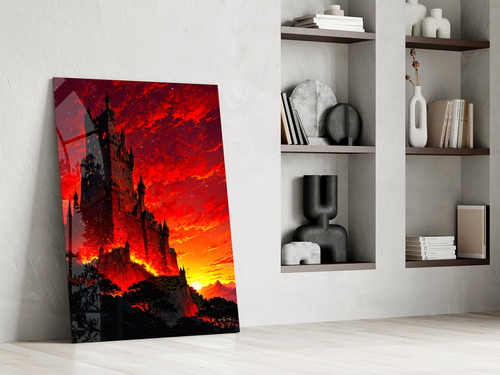 gothic castle under a crimson sunset panel resting in a shelving niche in a modern interior