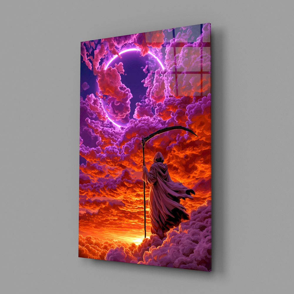 hooded reaper under a neon ring in the clouds glass wall art angled to show the polished tempered glass panel