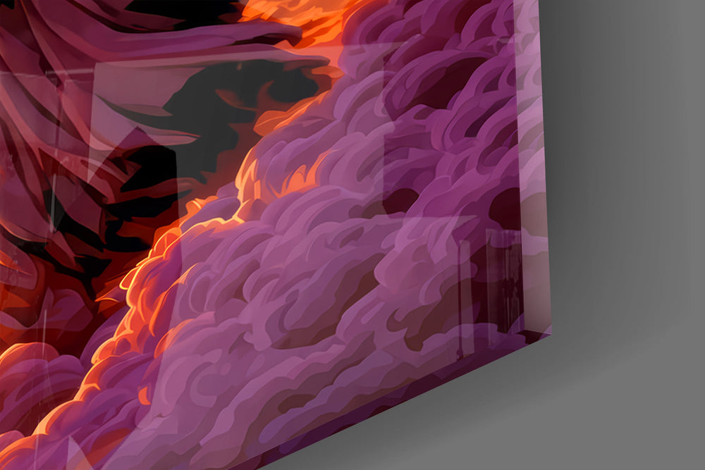 Close-up detail of the curved scythe blade cutting across the violet cloudbank on the glass surface