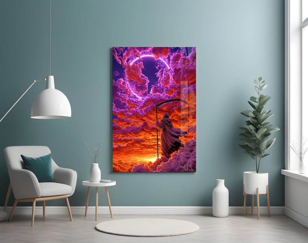 hooded reaper under a neon ring in the clouds glass wall art styled above an armchair in a reading corner
