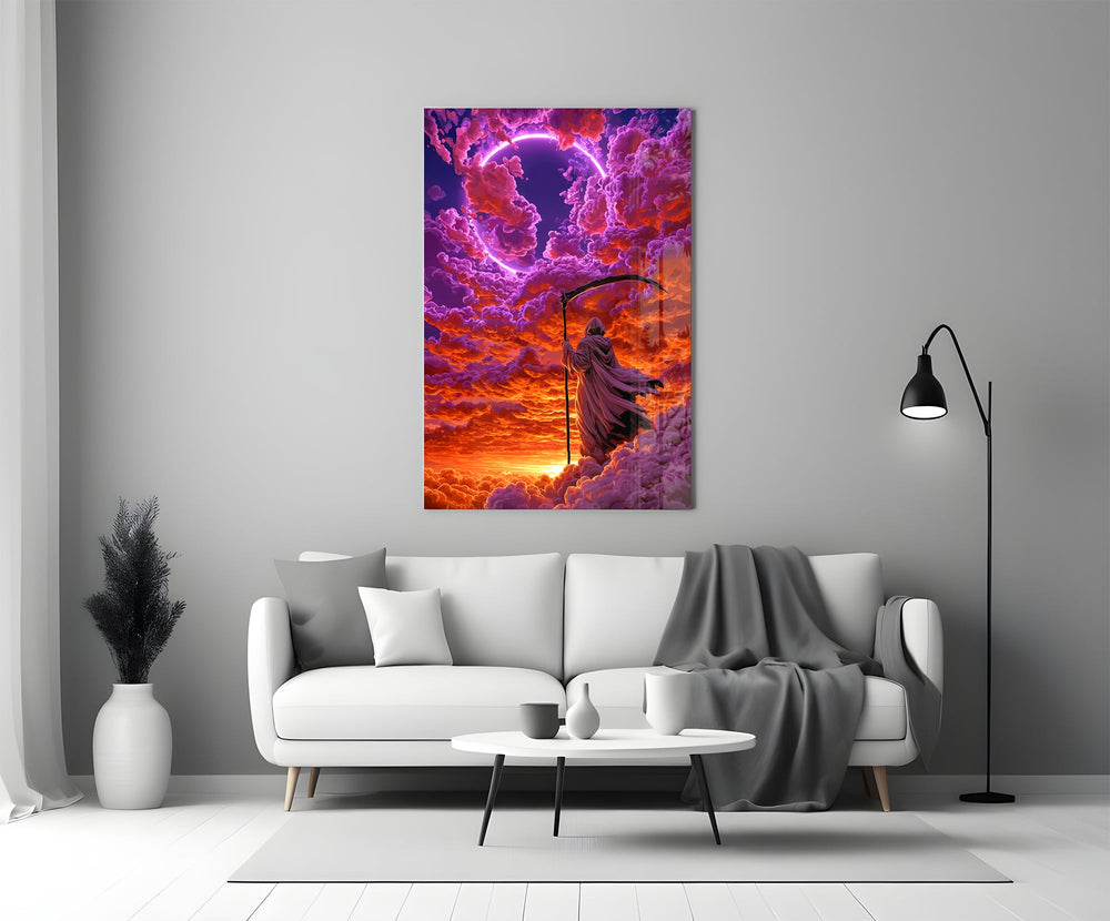 hooded reaper under a neon ring in the clouds panel bringing character to a minimalist living room wall