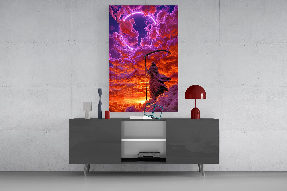hooded reaper under a neon ring in the clouds glass wall art displayed above a console in a designer interior