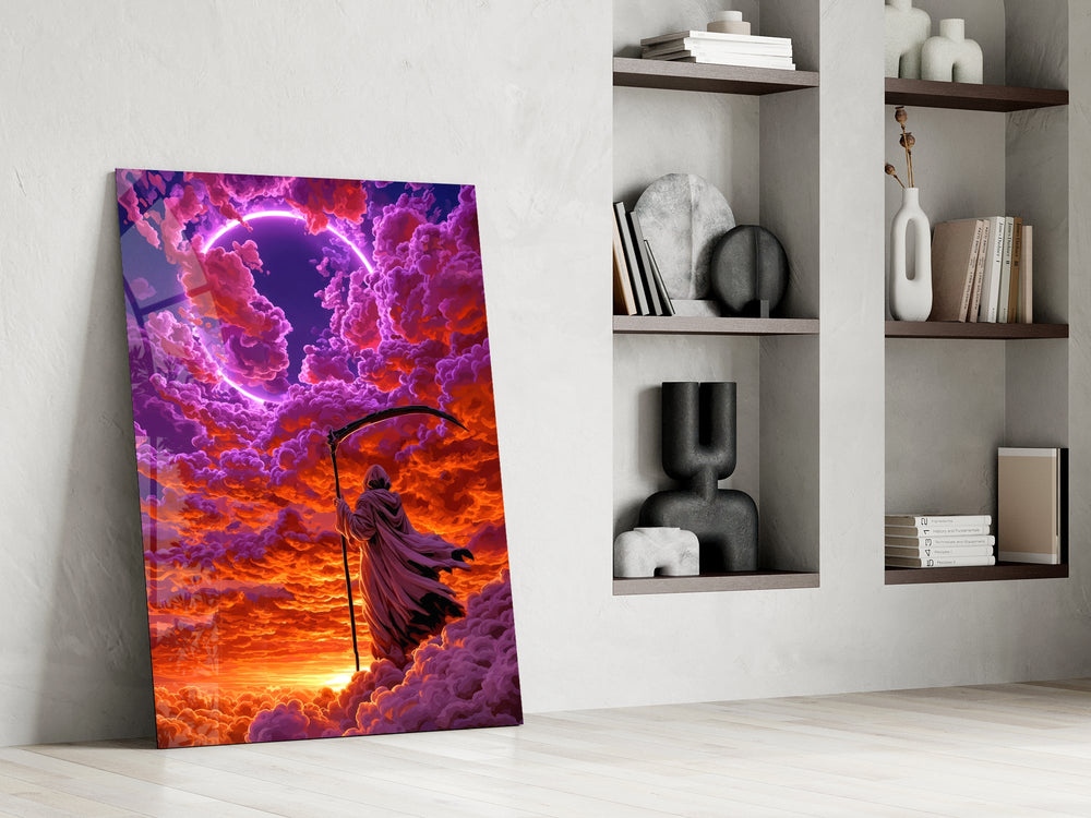 hooded reaper under a neon ring in the clouds panel resting in a shelving niche in a modern interior