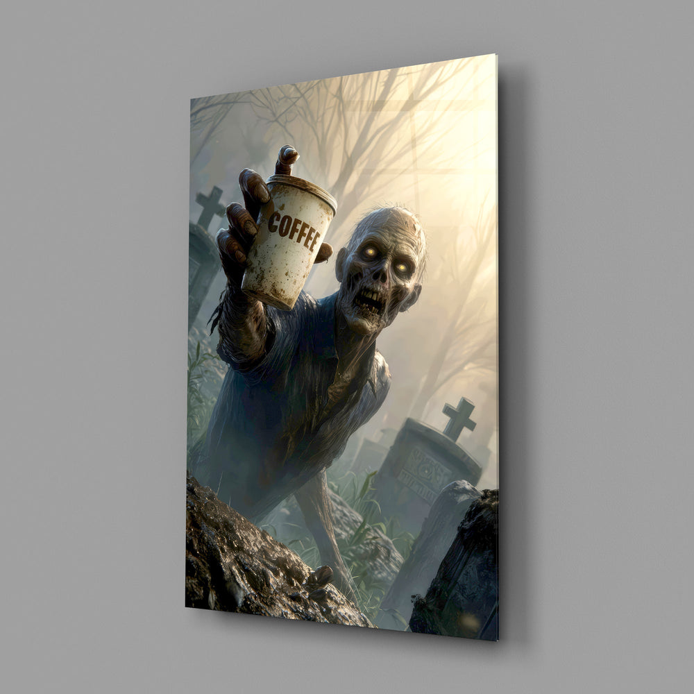a zombie holding a coffee cup in a misty graveyard glass wall art angled to show the polished tempered glass panel