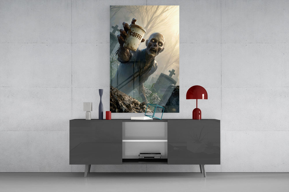 a zombie holding a coffee cup in a misty graveyard glass wall art displayed above a console in a designer interior