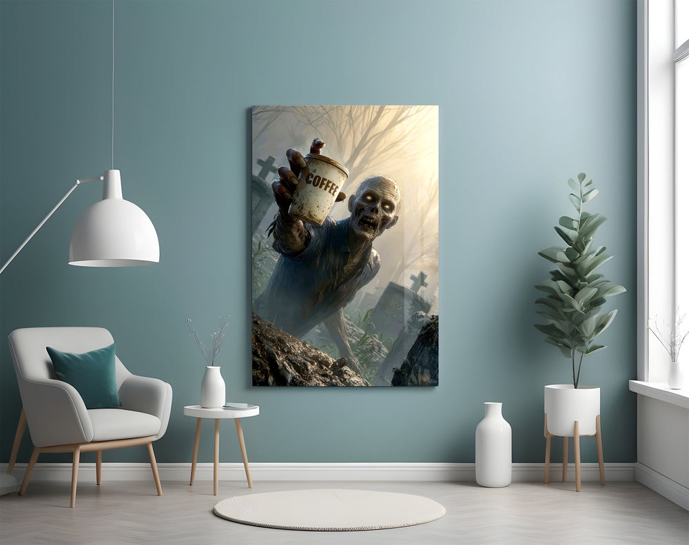 a zombie holding a coffee cup in a misty graveyard glass wall art styled above an armchair in a reading corner