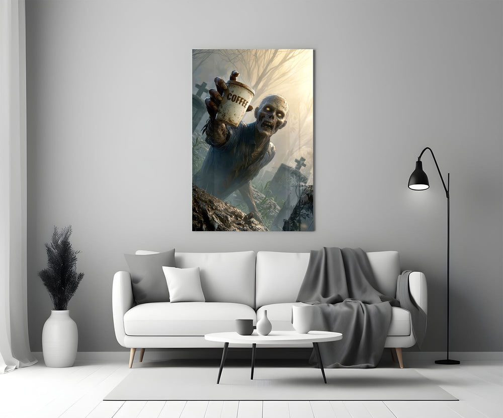 a zombie holding a coffee cup in a misty graveyard panel bringing character to a minimalist living room wall