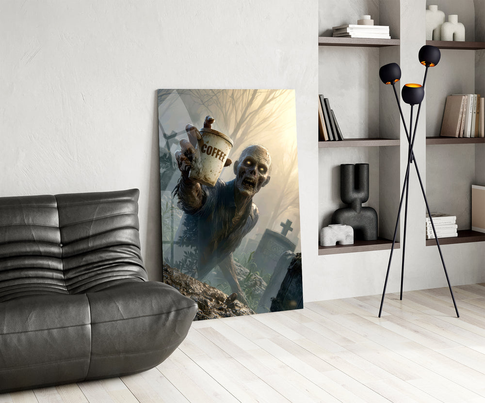 a zombie holding a coffee cup in a misty graveyard glass wall art leaning beside a dark leather sofa