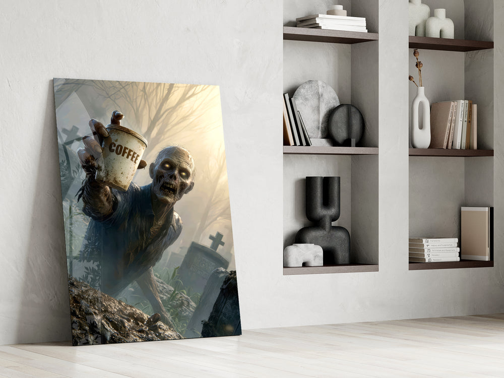 a zombie holding a coffee cup in a misty graveyard panel resting in a shelving niche in a modern interior