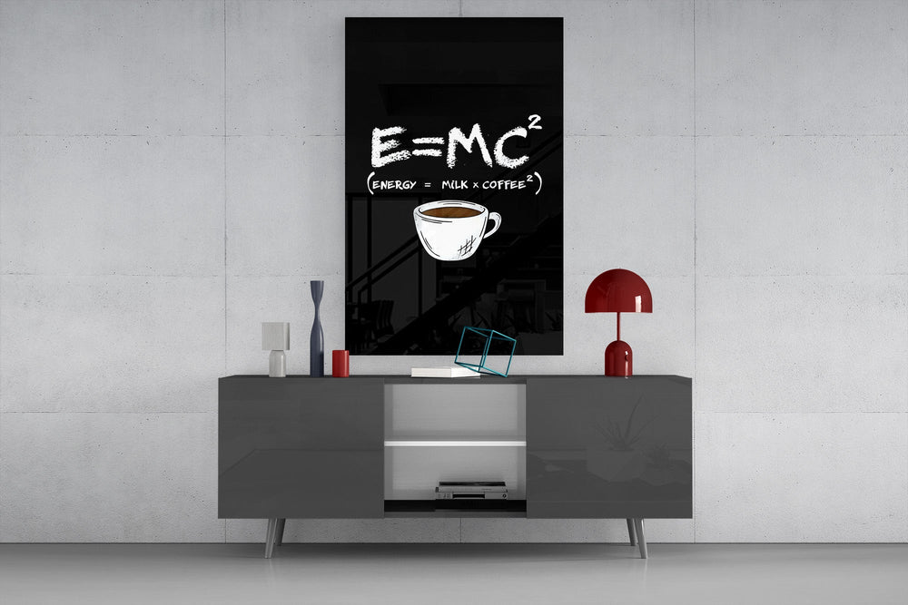 coffee energy formula humor glass wall art styled in an atmospheric room setting