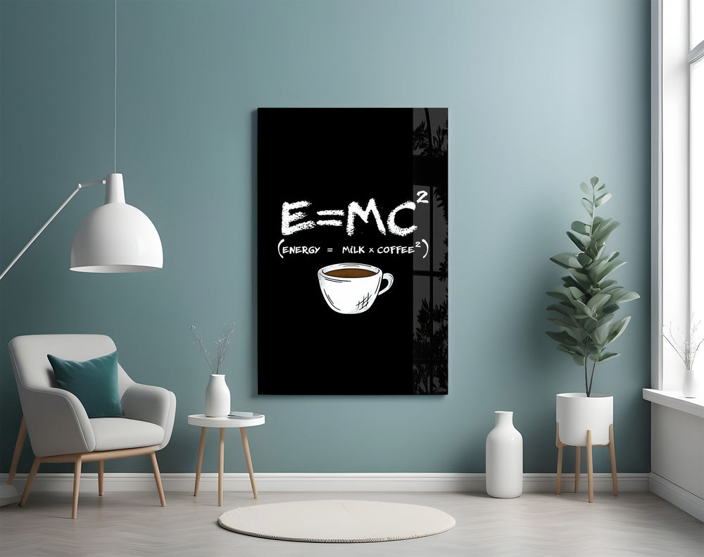 coffee energy formula humor glass wall art styled above an armchair in a reading corner