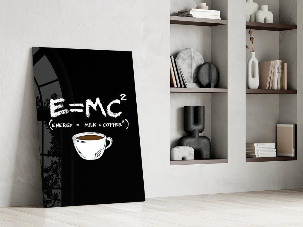 coffee energy formula humor panel resting in a shelving niche in a modern interior