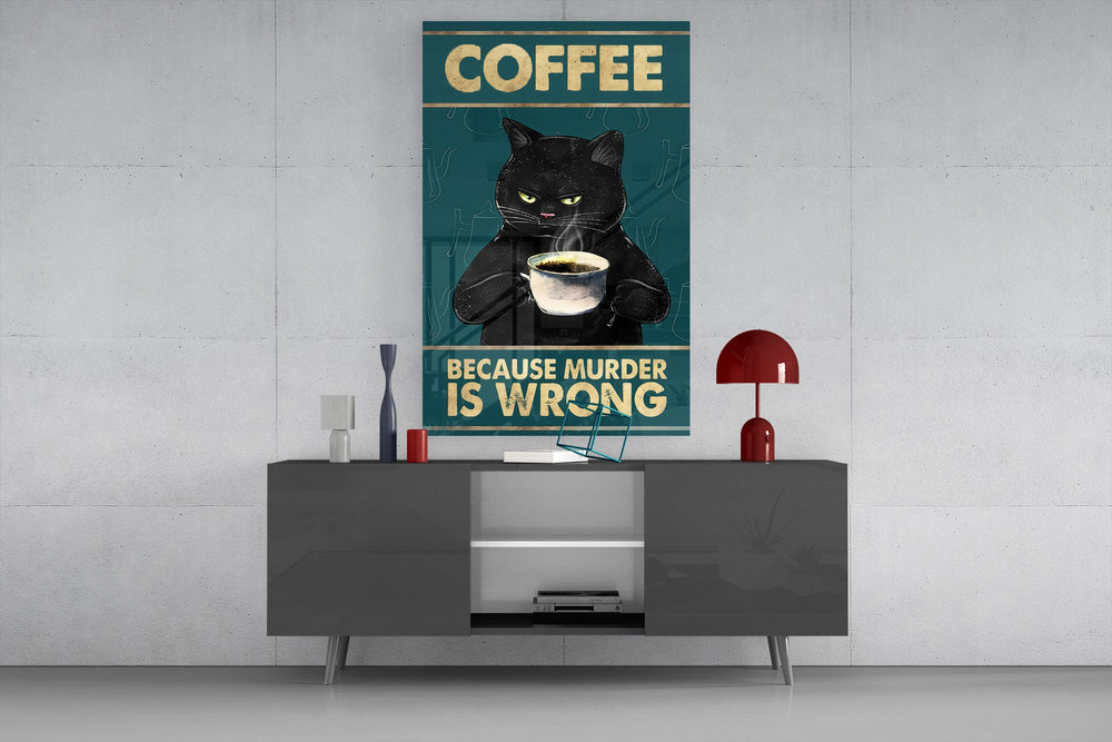 grumpy black cat with coffee glass wall art styled in an atmospheric room setting
