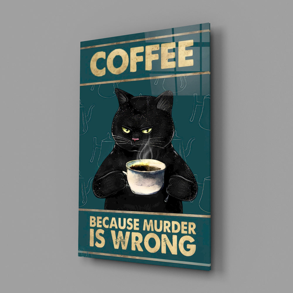 grumpy black cat with coffee glass wall art angled to show the polished tempered glass panel