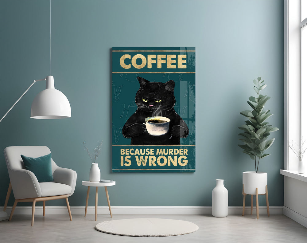 grumpy black cat with coffee glass wall art styled above an armchair in a reading corner