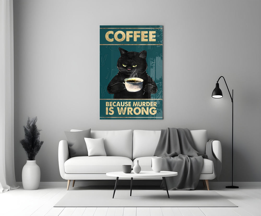 grumpy black cat with coffee panel bringing character to a minimalist living room wall