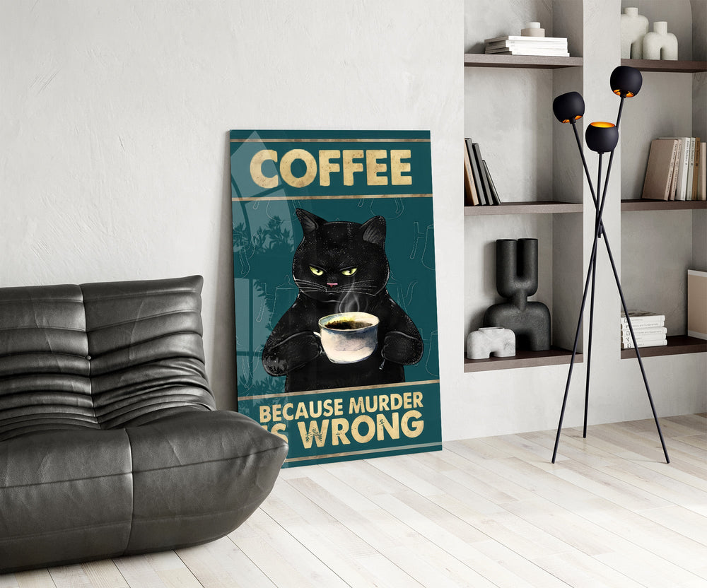 grumpy black cat with coffee glass wall art leaning beside a dark leather sofa